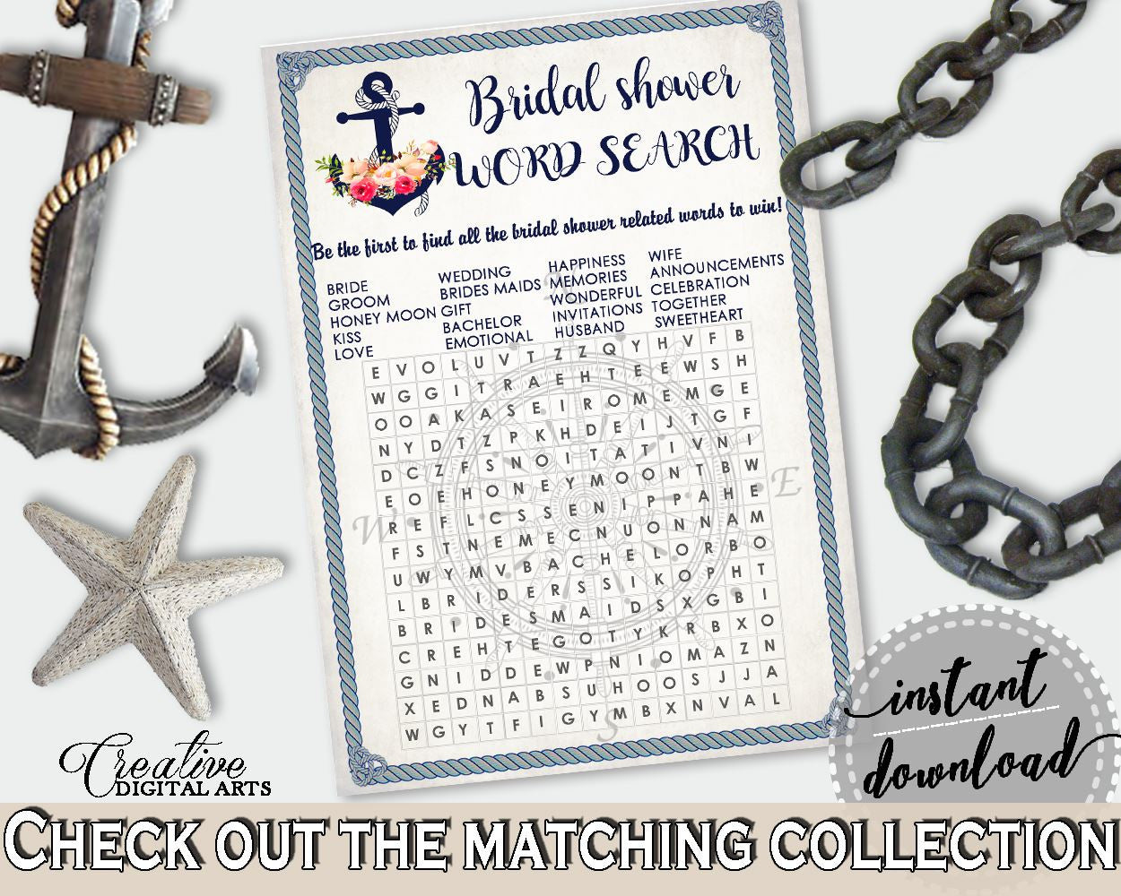 Nautical Anchor Flowers Bridal Shower Word Search in Navy Blue, bridal shower words, rope shower, prints, digital print, party décor - 87BSZ - Digital Product