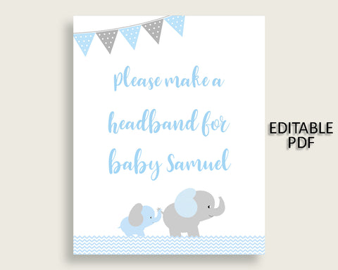 Elephant Baby Shower Headband Sign, Blue Grey Headband Station Sign Editable, Boy Shower Headband For Baby, Instant Download, ebl02