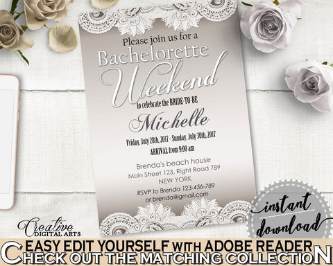 Bachelorette Weekend Invitation Editable in Traditional Lace Bridal Shower Brown And Silver Theme, editable invitation, prints - Z2DRE - Digital Product