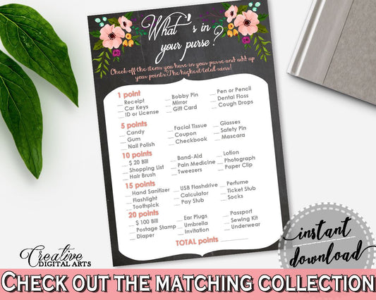 What's In Your Purse Game in Chalkboard Flowers Bridal Shower Black And Pink Theme, bag items, bridal shower chalk, party decor - RBZRX - Digital Product