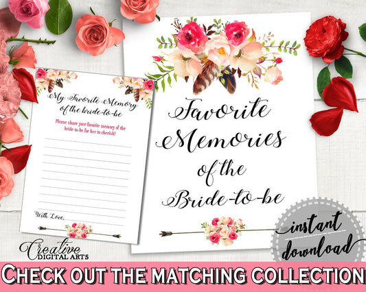 Bohemian Flowers Bridal Shower Favorite Memories Of The Bride To Be in Pink And Red, memory cards, stylish bridal, party planning - 06D7T - Digital Product