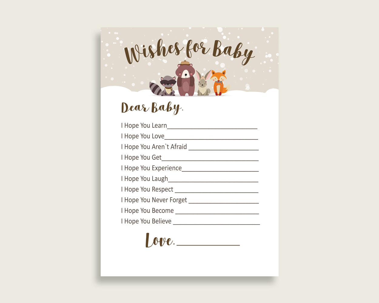 Beige Brown Wishes For Baby Cards & Sign, Winter Woodland Baby Shower Gender Neutral Well Wishes Game Printable, Instant Download, RM4SN