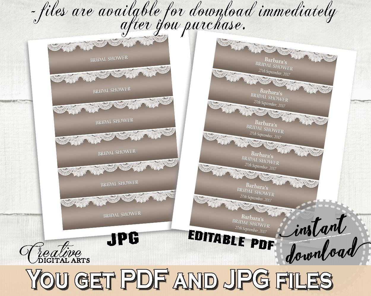 Napkin Ring Editable in Traditional Lace Bridal Shower Brown And Silver Theme, napkin stickers, country theme, shower activity - Z2DRE - Digital Product