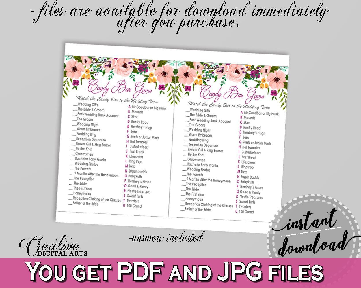 Candy Bar Game in Watercolor Flowers Bridal Shower White And Pink Theme, questions answers, watercolour shower, party supplies - 9GOY4 - Digital Product