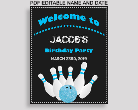 Bowling Welcome Sign Bowling Birthday Welcome Black Blue Large Sign Bowling Editable Welcome Sign Boy 5DVSP