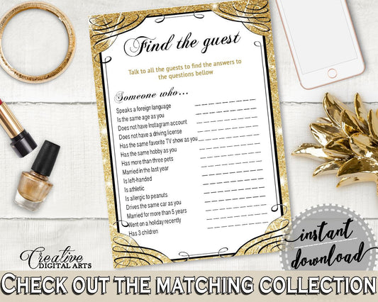 Gold And Yellow Glittering Gold Bridal Shower Theme: Find The Guest Game - shower icebreaker, rich shower, party organizing, prints - JTD7P - Digital Product