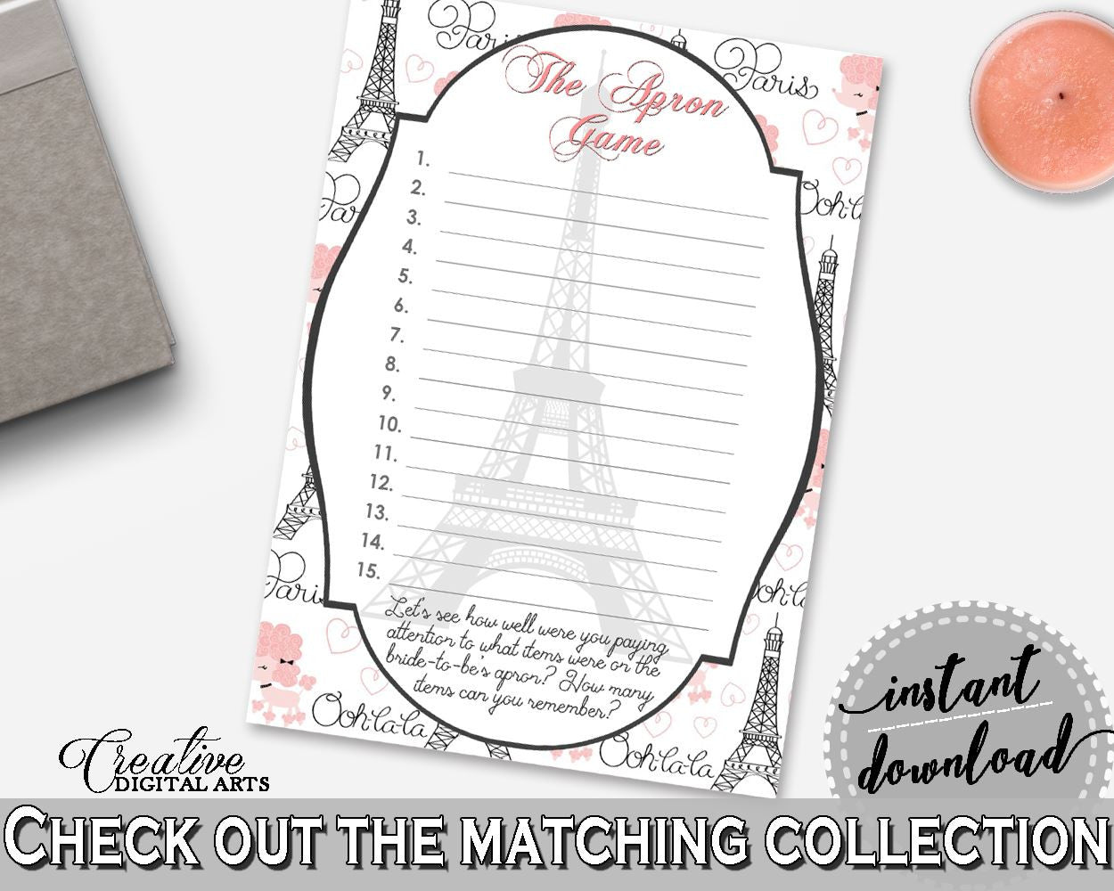 Pink And Gray Paris Bridal Shower Theme: The Apron Game - paying attention, paris shower, bridal shower idea, shower celebration - NJAL9 - Digital Product