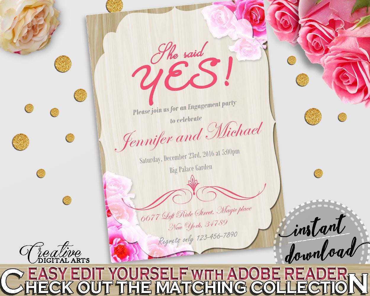 She Said Yes Invitation Editable in Roses On Wood Bridal Shower Pink And Beige Theme, diy pdf, light shower, paper supplies, prints - B9MAI - Digital Product