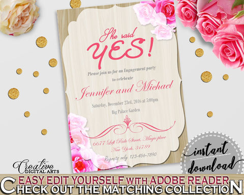 She Said Yes Invitation Editable in Roses On Wood Bridal Shower Pink And Beige Theme, diy pdf, light shower, paper supplies, prints - B9MAI - Digital Product