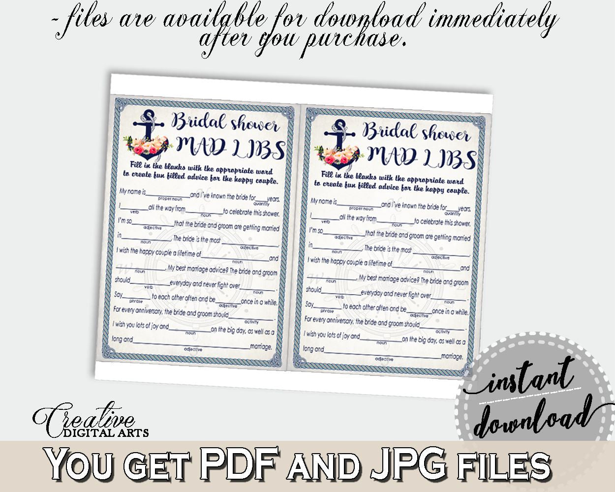 Mad Libs Game in Nautical Anchor Flowers Bridal Shower Navy Blue Theme, encouragement, navigate, digital print, party supplies - 87BSZ - Digital Product