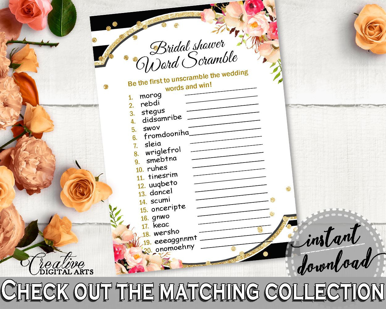 Word Scramble in Flower Bouquet Black Stripes Bridal Shower Black And Gold Theme, unscramble, avantgarde bridal, printables, prints - QMK20 - Digital Product