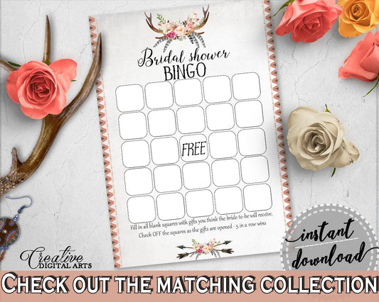 Bingo Gift Game in Antlers Flowers Bohemian Bridal Shower Gray and Pink Theme, write down gifts, blush pink, paper supplies, prints - MVR4R - Digital Product