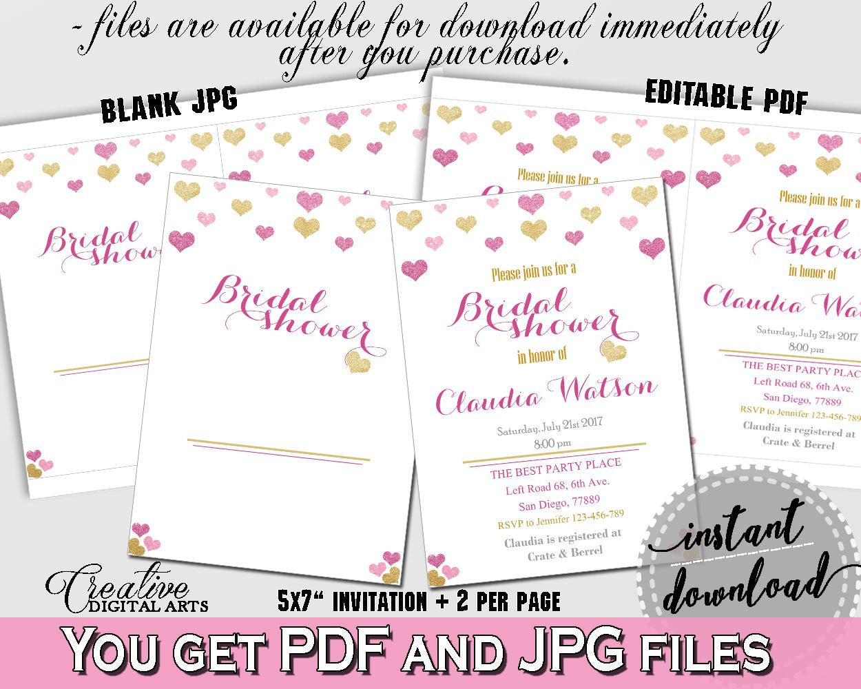 Glitter Hearts Bridal Shower Editable Bridal Shower Invitation in Gold And Pink, bridal shower invite,  glitter shower, pdf jpg - WEE0X - Digital Product