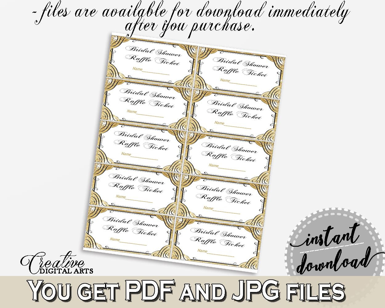 Raffle Ticket in Glittering Gold Bridal Shower Gold And Yellow Theme, empty ticket, flashy bridal, party supplies, digital print - JTD7P - Digital Product