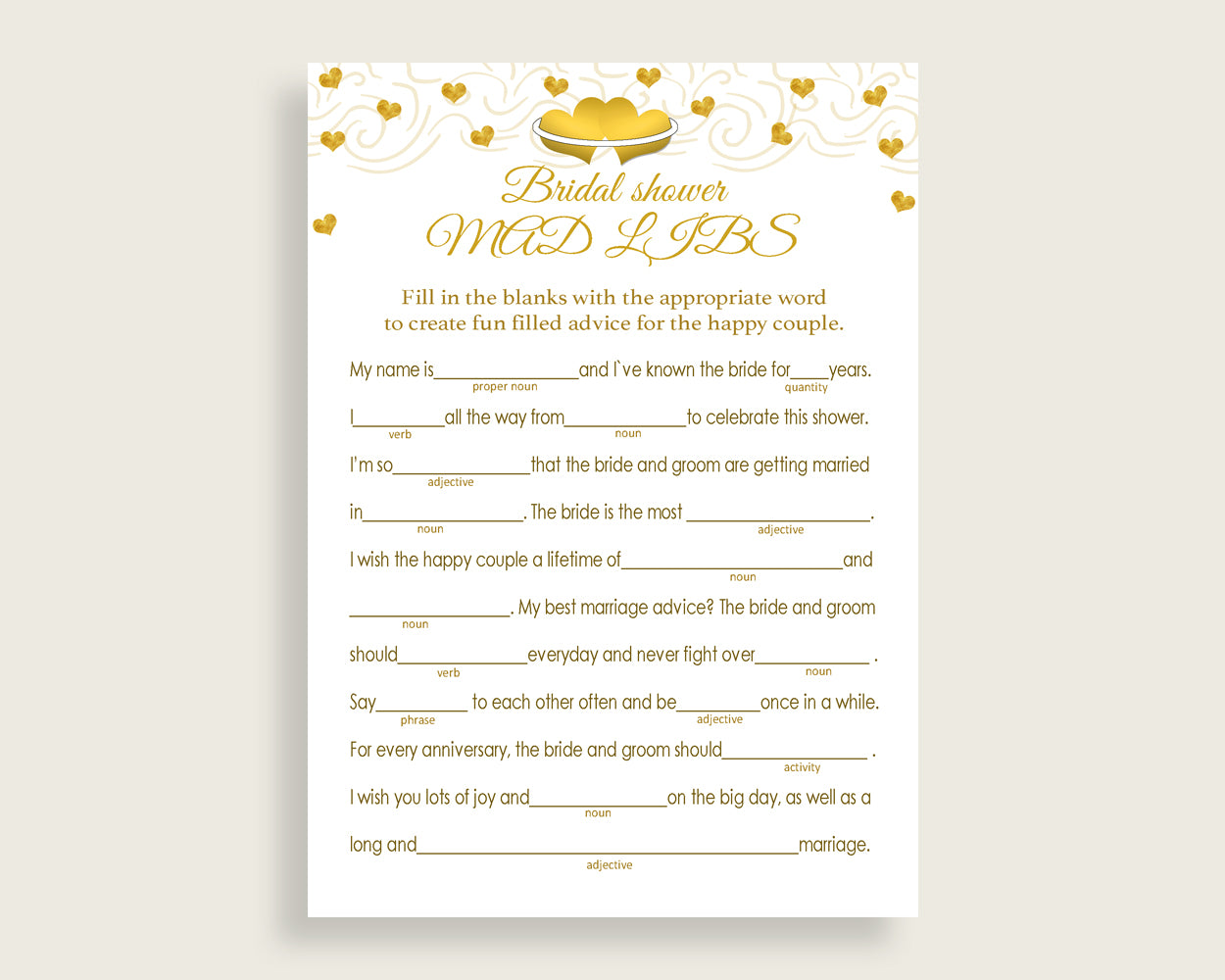 Mad Libs Bridal Shower Mad Libs Gold Hearts Bridal Shower Mad Libs Bridal Shower Gold Hearts Mad Libs White Gold party decor prints 6GQOT