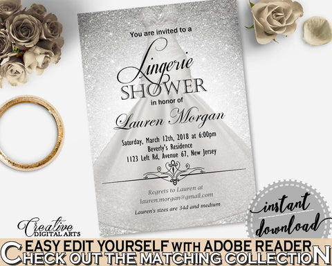 Silver Wedding Dress Bridal Shower Lingerie Shower Invitation Editable in Silver And White, sexy, crystal bridal, shower celebration - C0CS5 - Digital Product