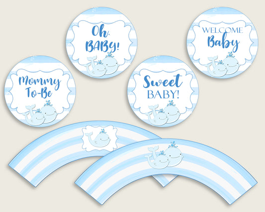 Whale Cupcake Toppers, Blue White Cupcake Wrappers, Toppers Wrappers Baby Shower Boy, Instant Download, Summer Popular Theme wbl01