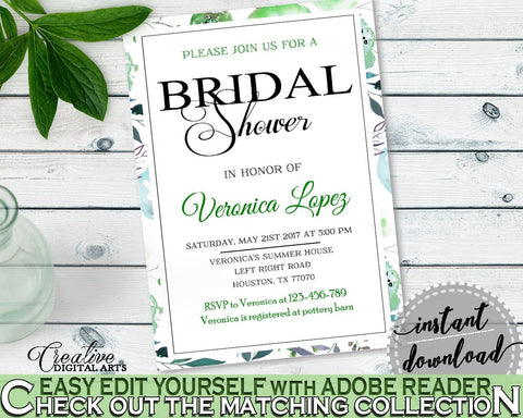 Invitation Bridal Shower Invitation Botanic Watercolor Bridal Shower Invitation Bridal Shower Botanic Watercolor Invitation Green 1LIZN - Digital Product