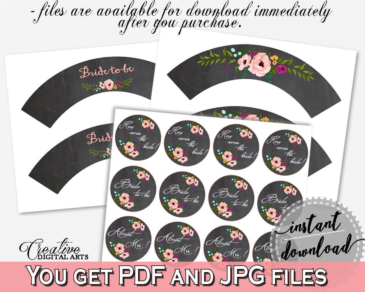 Chalkboard Flowers Bridal Shower Cupcake Toppers And Wrappers in Black And Pink, cupcake folder, chalk bridal shower, paper supplies - RBZRX - Digital Product