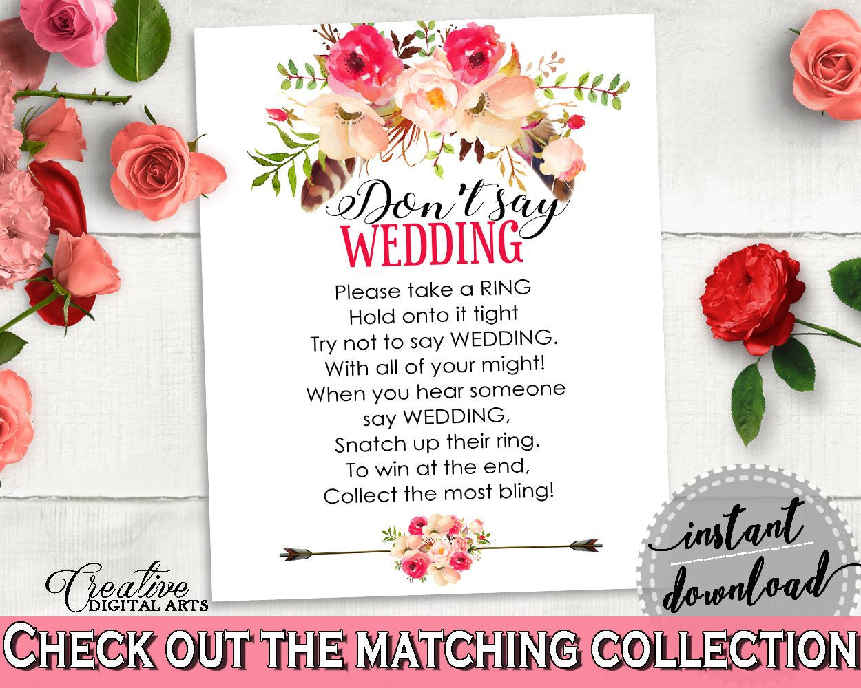 Pink And Red Bohemian Flowers Bridal Shower Theme: Don't Say Wedding Game - wedding shower game, boho chic, party decor, party theme - 06D7T - Digital Product