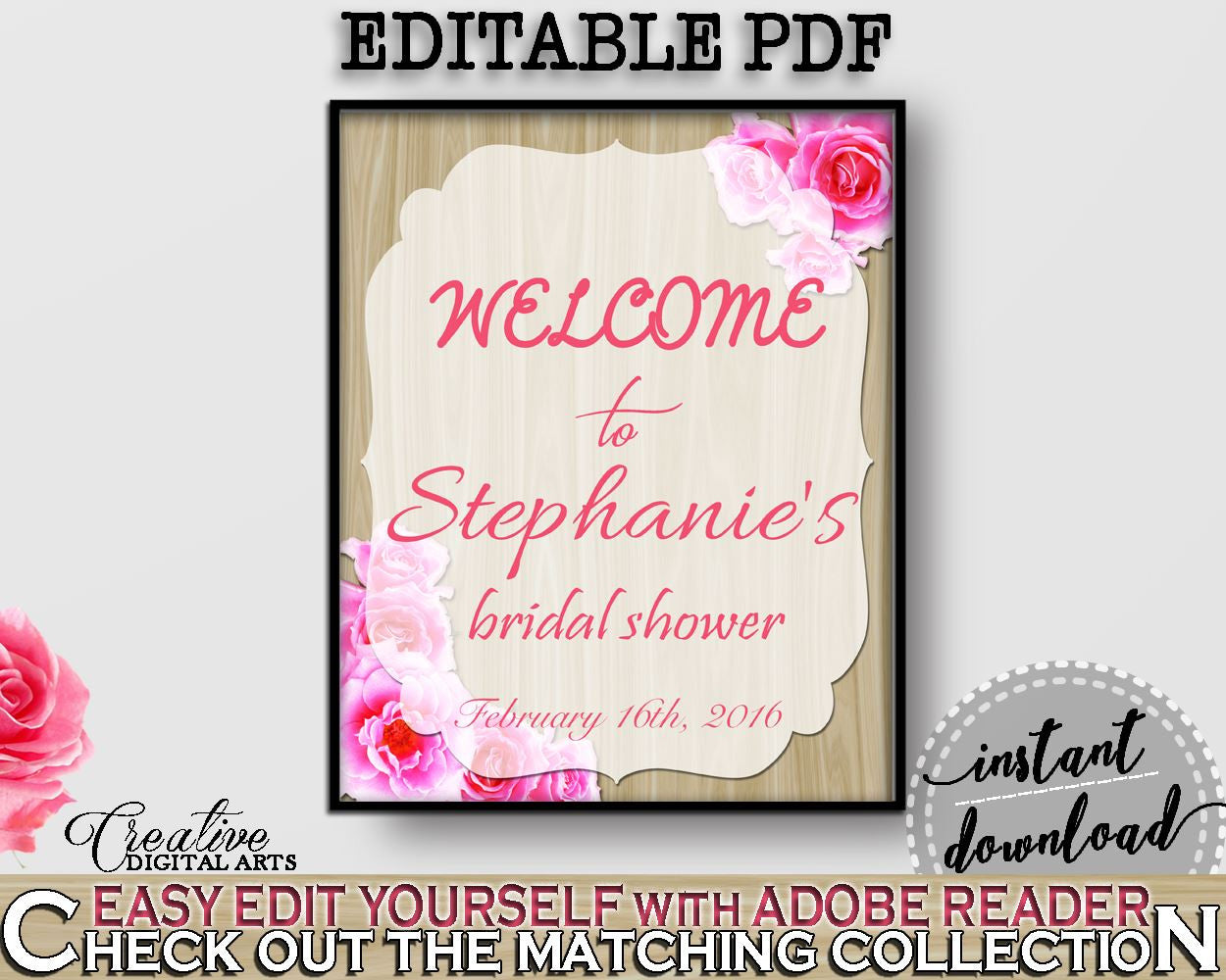 Roses On Wood Bridal Shower Bridal Shower Welcome Sign Editable in Pink And Beige, door sign, wood and roses, party plan, prints - B9MAI - Digital Product