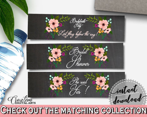 Chalkboard Flowers Bridal Shower Bottle Labels in Black And Pink, water wrapper, chalk bridal shower, paper supplies, party theme - RBZRX - Digital Product