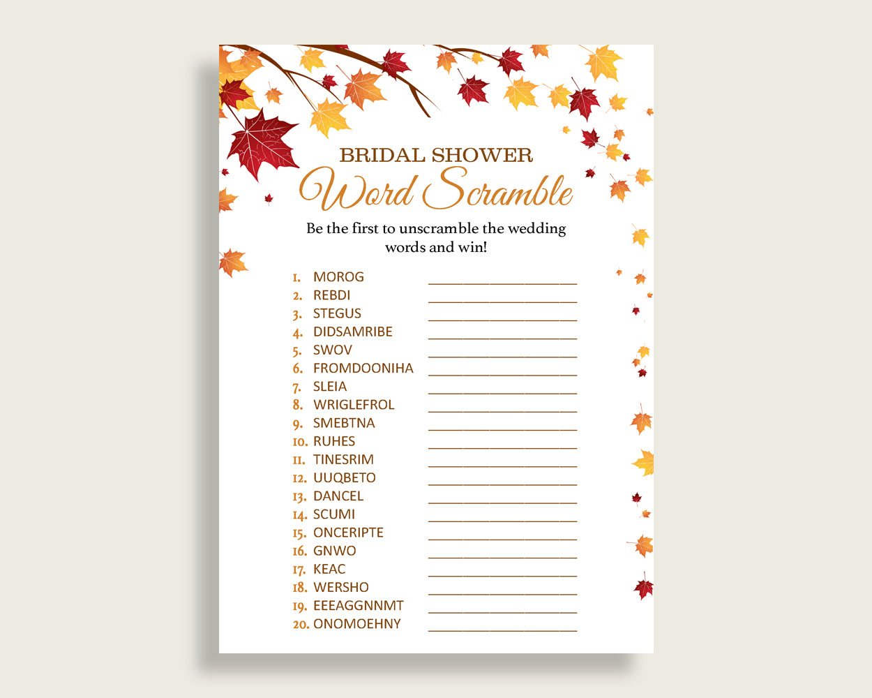 Word Scramble Bridal Shower Word Scramble Fall Bridal Shower Word Scramble Bridal Shower Autumn Word Scramble Brown Yellow prints YCZ2S