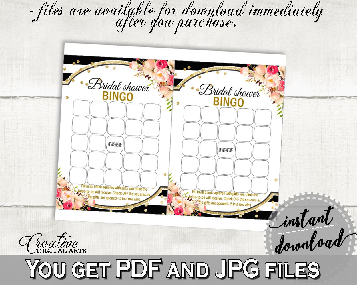 Black And Gold Flower Bouquet Black Stripes Bridal Shower Theme: Bingo Gift Game - bingo presents, bohemian shower, prints, pdf jpg - QMK20 - Digital Product