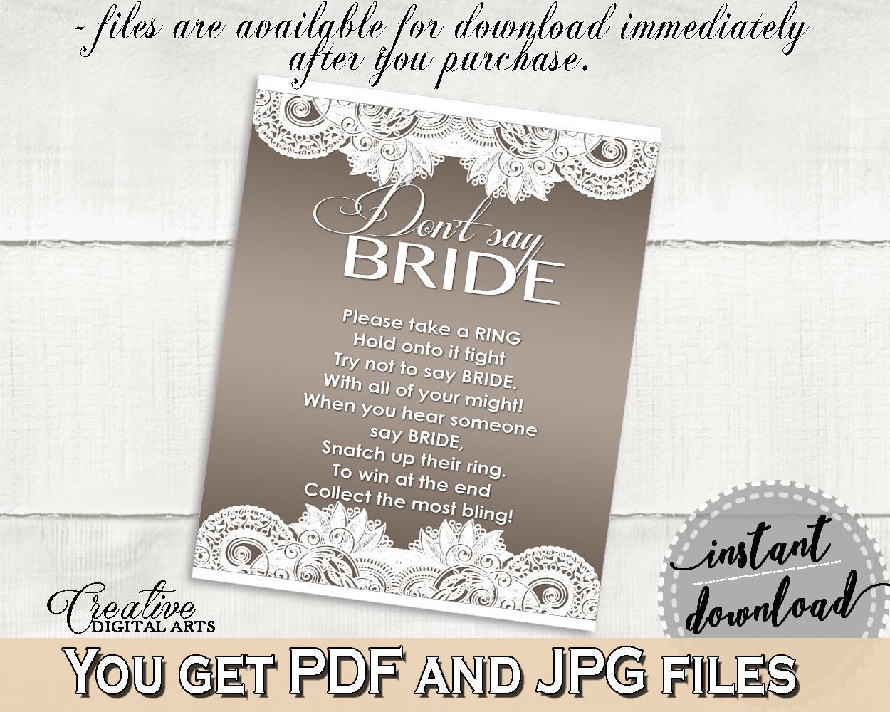 Brown And Silver Traditional Lace Bridal Shower Theme: Don't Say Bride - put a ring on it, bridal ornament, party planning, prints - Z2DRE - Digital Product