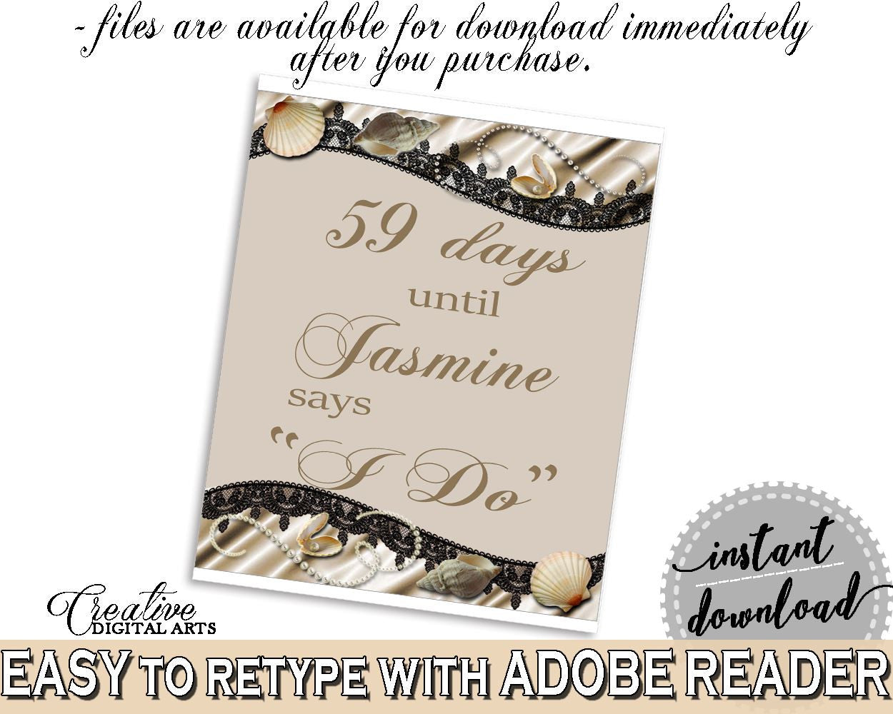 Seashells And Pearls Bridal Shower Days Until I Do in Brown And Beige, days until wedding, bridal shower satin, printables, pdf jpg - 65924 - Digital Product