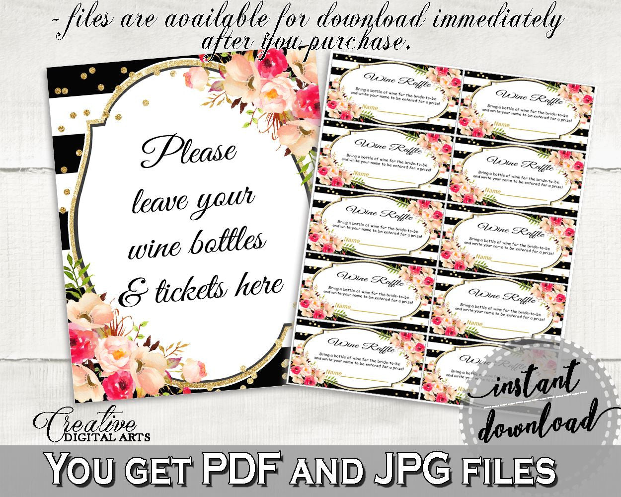 Wine Raffle in Flower Bouquet Black Stripes Bridal Shower Black And Gold Theme, wine card, classy bride, party décor, party ideas - QMK20 - Digital Product