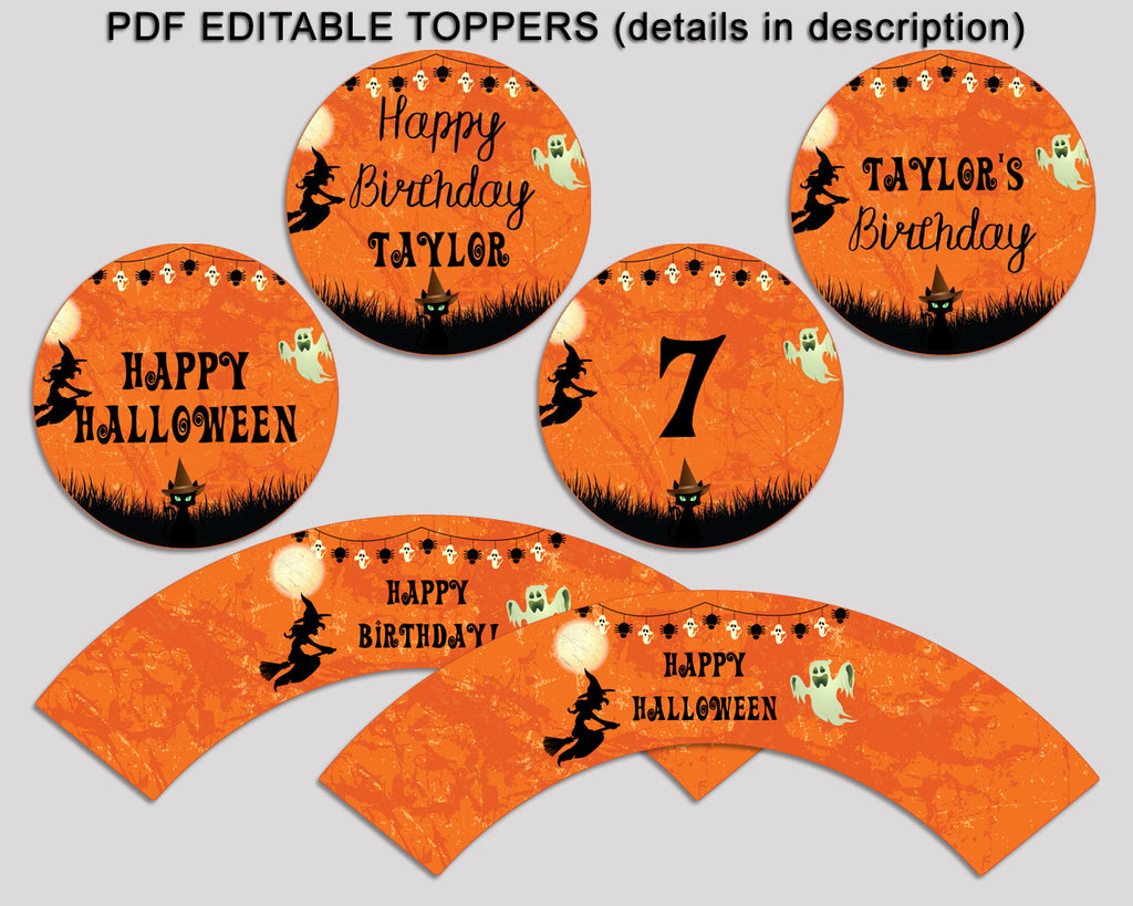 Halloween Birthday Cupcake Toppers, Halloween Birthday Cupcake Wrappers, Editable Orange Black Toppers Wrappers Boy Girl, Digital GPF0F
