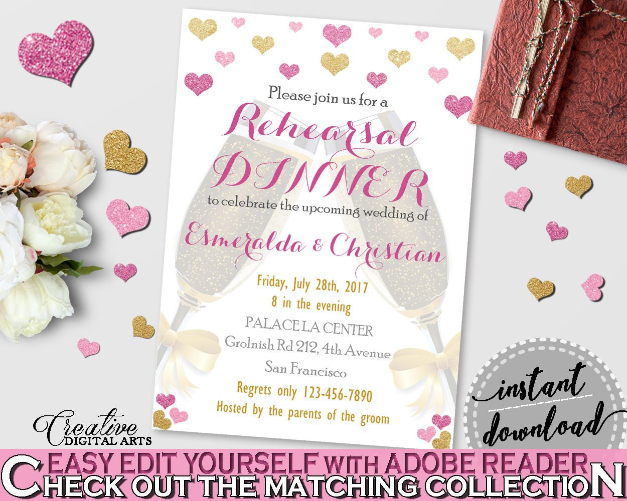 Gold And Pink Glitter Hearts Bridal Shower Theme: Rehearsal Dinner Invitation Editable - bridal rehearsal,  fondness bridal, prints - WEE0X - Digital Product