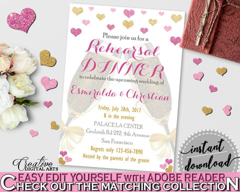 Gold And Pink Glitter Hearts Bridal Shower Theme: Rehearsal Dinner Invitation Editable - bridal rehearsal,  fondness bridal, prints - WEE0X - Digital Product