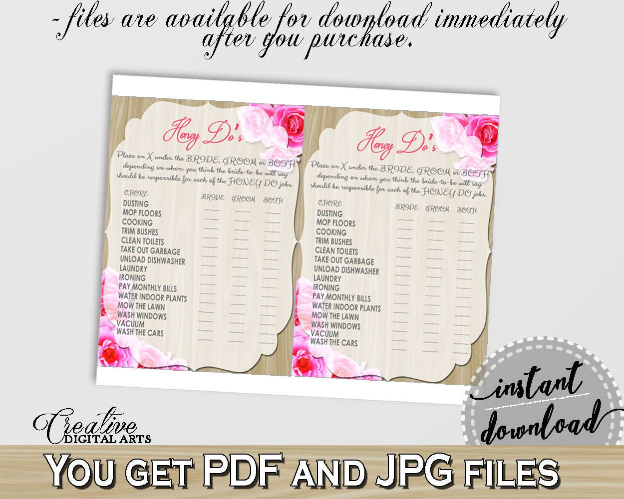 Roses On Wood Bridal Shower Honey Do List in Pink And Beige, honey do's bridal, beige wood, printables, prints, digital print - B9MAI - Digital Product