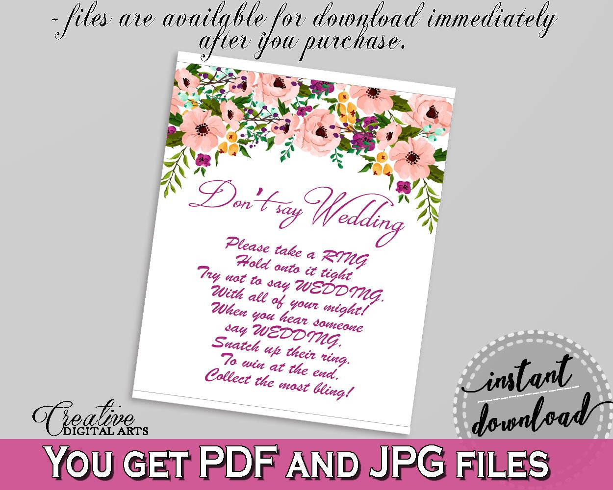 Don't Say Wedding Game in Watercolor Flowers Bridal Shower White And Pink Theme, bling ring, floral theme shower, party organizing - 9GOY4 - Digital Product