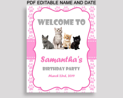 Cat Welcome Sign Cat Birthday Welcome Pink White Large Sign Cat Editable Welcome Sign Girl INHA8
