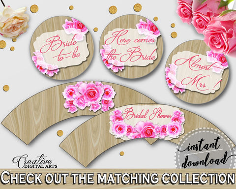 Pink And Beige Roses On Wood Bridal Shower Theme: Cupcake Toppers And Wrappers - cupcake cover, flowers wood, customizable files - B9MAI - Digital Product