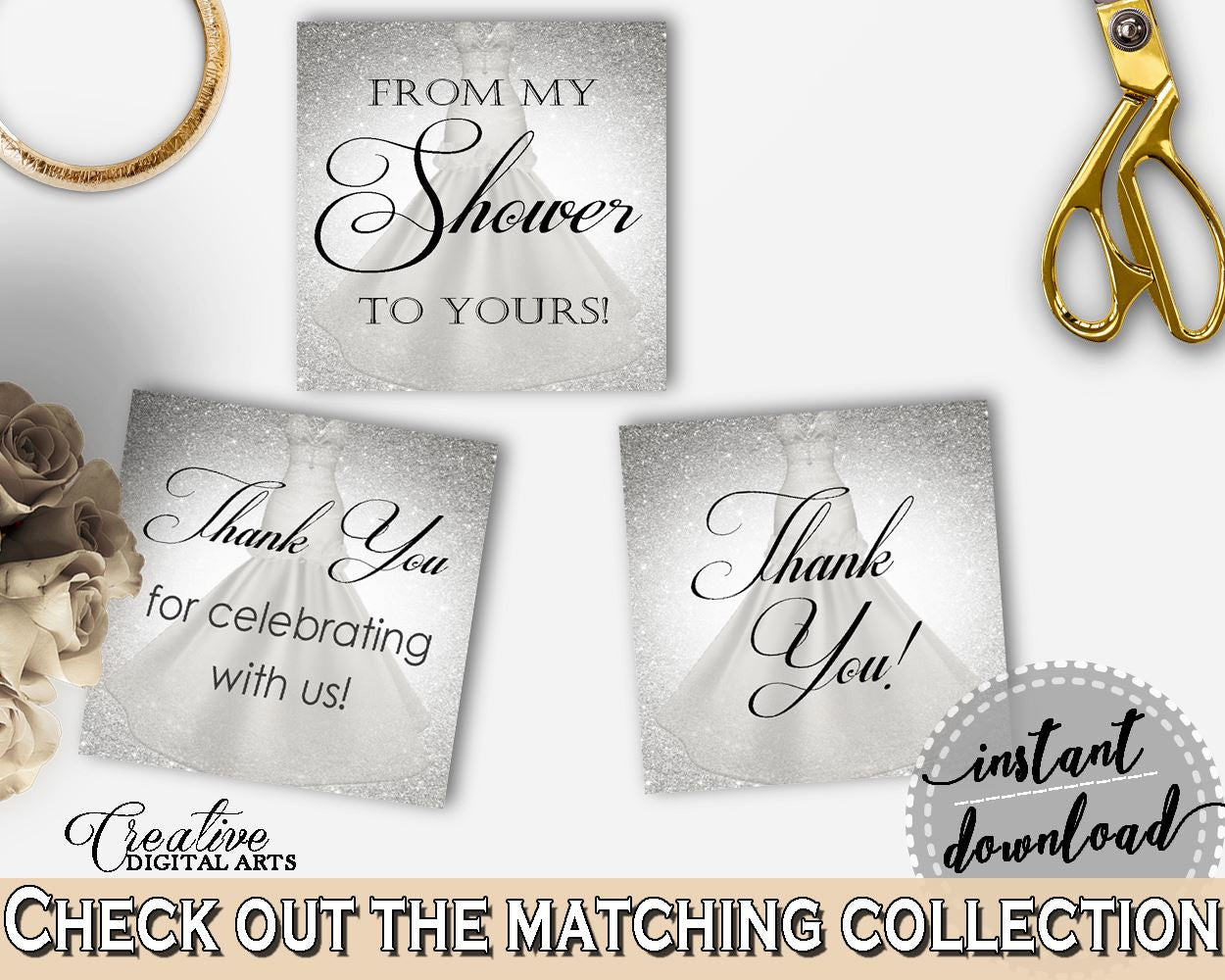 Thank You Tags Square in Silver Wedding Dress Bridal Shower Silver And White Theme, acknowledgement, party plan, party planning - C0CS5 - Digital Product