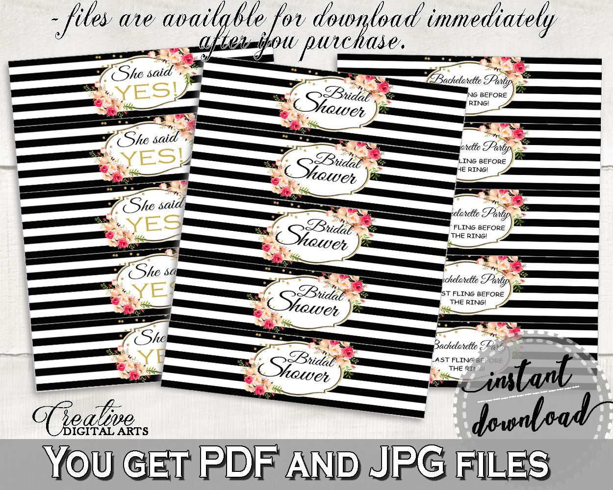 Bottle Labels in Flower Bouquet Black Stripes Bridal Shower Black And Gold Theme, bachelorette party, party stuff, party decor - QMK20 - Digital Product