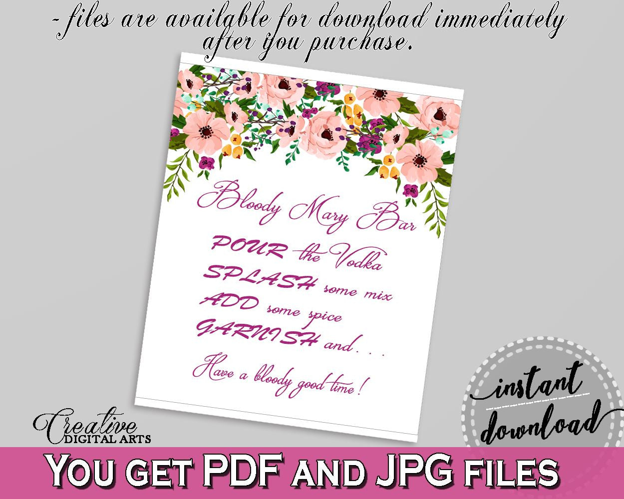 White And Pink Watercolor Flowers Bridal Shower Theme: Bloody Mary Bar Sign - spice, flowers theme, party organization, party plan - 9GOY4 - Digital Product