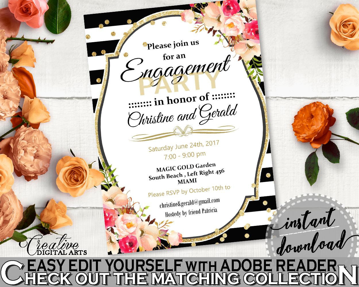 Flower Bouquet Black Stripes Bridal Shower Engagement Party Invitation Editable in Black And Gold, party invite, party plan - QMK20 - Digital Product