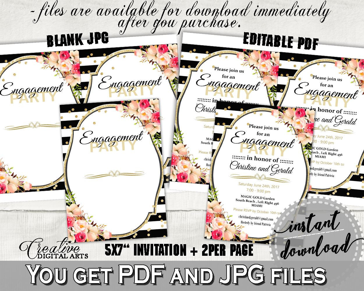 Flower Bouquet Black Stripes Bridal Shower Engagement Party Invitation Editable in Black And Gold, party invite, party plan - QMK20 - Digital Product