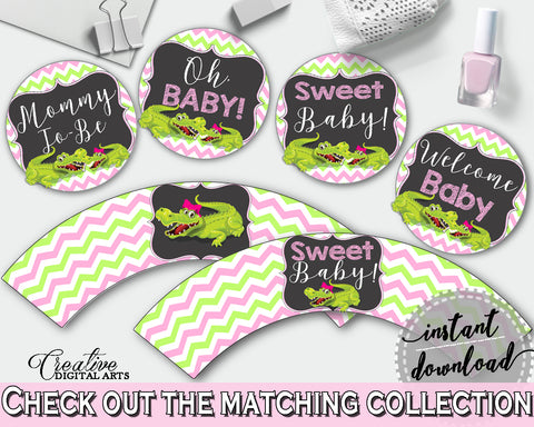 Baby shower CUPCAKE TOPPERS and CUPCAKE WRAPPERS printable with green alligator and pink color theme for girl, instant download - ap001