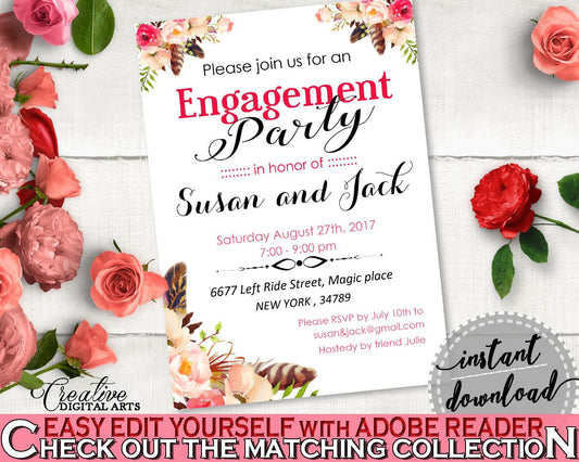 Engaged Invitation Editable in Bohemian Flowers Bridal Shower Pink And Red Theme, cheap invitation, boho chic, paper supplies - 06D7T - Digital Product