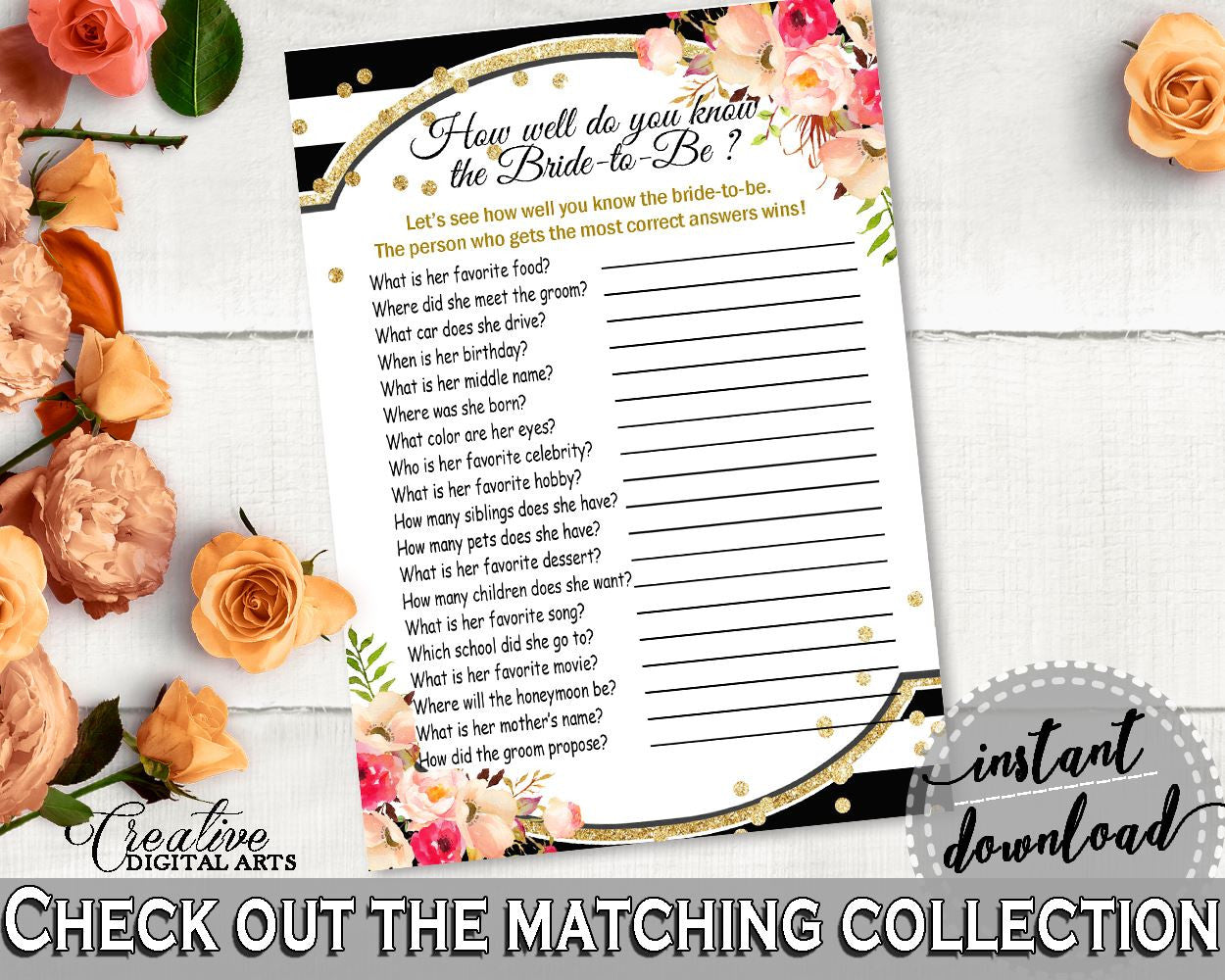 How Well Do You Know The Bride To Be in Flower Bouquet Black Stripes Bridal Shower Black And Gold Theme, who knows game, prints - QMK20 - Digital Product