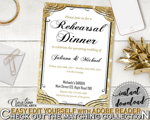 Rehearsal Dinner Invitation Editable in Glittering Gold Bridal Shower Gold And Yellow Theme, pretty party invite, party plan - JTD7P - Digital Product