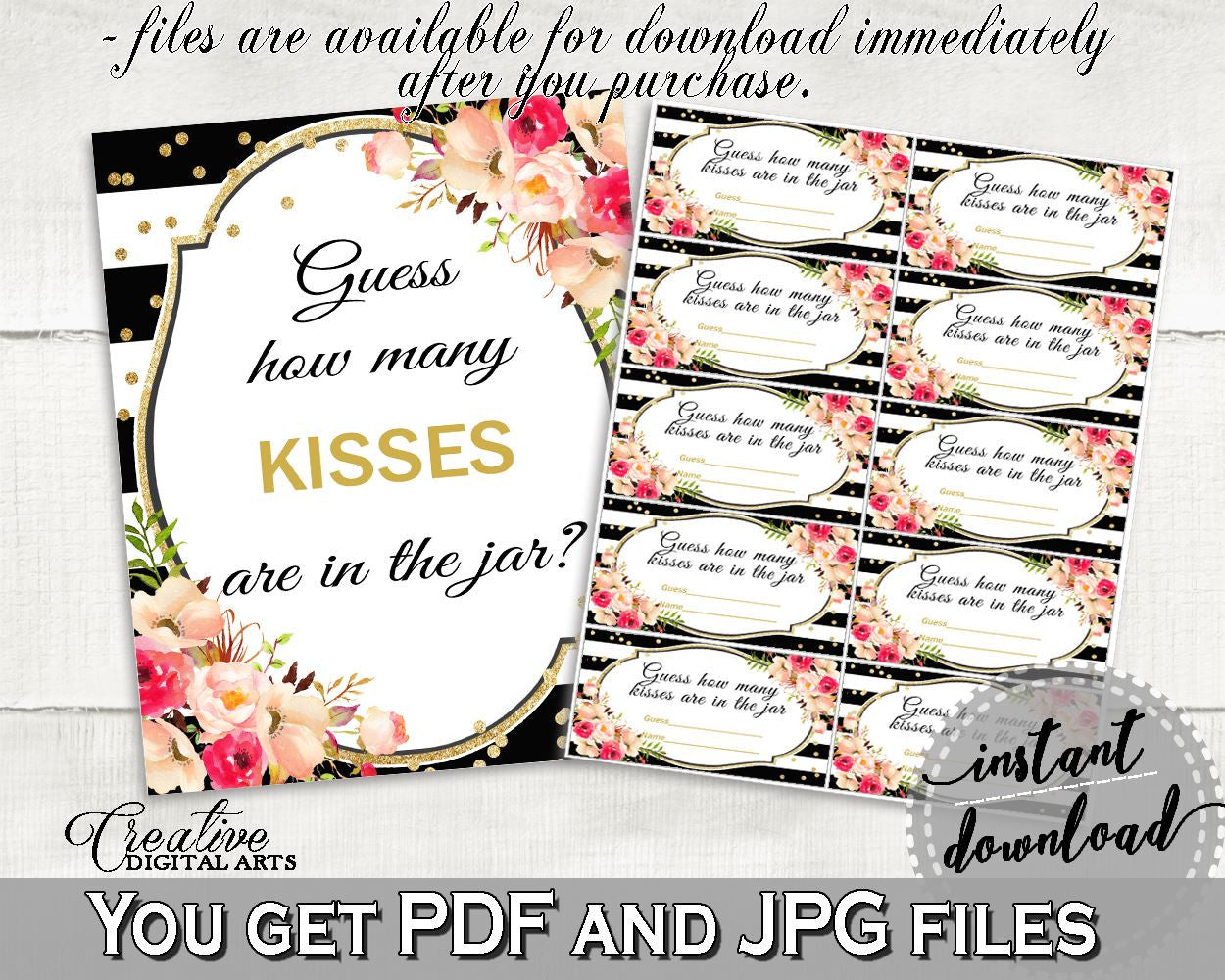 Black And Gold Flower Bouquet Black Stripes Bridal Shower Theme: Guess How Many Kisses Game - presume game, party decorations - QMK20 - Digital Product