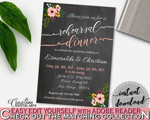 Rehearsal Dinner Invitation Editable in Chalkboard Flowers Bridal Shower Black And Pink Theme, diy rehearsal invite, prints - RBZRX - Digital Product