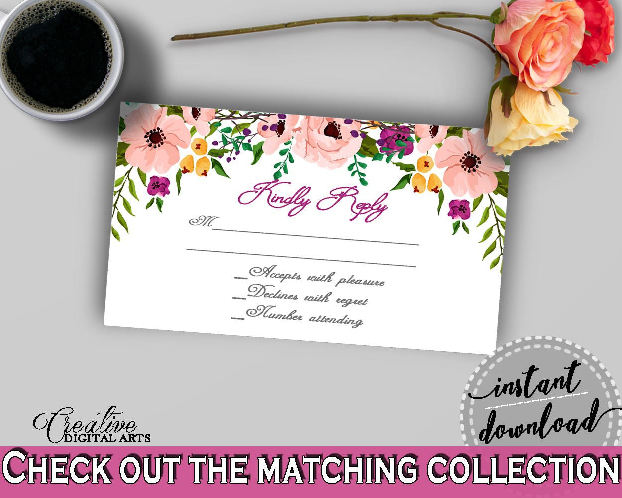 White And Pink Watercolor Flowers Bridal Shower Theme: Invitation Insert Kindly Reply - answer ticket, paper supplies, party theme - 9GOY4 - Digital Product